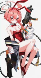 Rule 34 | 1girl, absurdres, ahoge, animal ears, bandaid, bandaid on knee, bandaid on leg, bare legs, blue archive, bow, bowtie, braid, breasts, chain, cleavage, detached collar, fake animal ears, grey background, gun, hair between eyes, halo, highres, holding, holding gun, holding weapon, jacket, legs, leotard, long hair, looking at viewer, neru (blue archive), neru (bunny) (blue archive), official alternate costume, playboy bunny, rabbit ears, red bow, red bowtie, red eyes, red hair, red leotard, simple background, single braid, small breasts, solo, w.k, weapon, white jacket