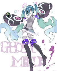 1girl aqua_hair boots creatures_(company) english_text full_body game_freak hatsune_miku looking_at_viewer nintendo nobita_(makoto7060355) panties poke_ball pokemon shirt simple_background sleeveless sleeveless_shirt solo twintails twitter underwear vocaloid white_background