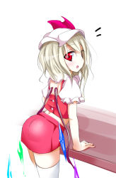 Rule 34 | 1girl, ass, blonde hair, female focus, flandre scarlet, from side, hat, oouso, red eyes, skirt, skirt set, solo, table, thighhighs, touhou, white thighhighs, wings