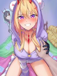 Rule 34 | 2girls, :t, absurdres, azur lane, bad id, bad pixiv id, black hair, blonde hair, blue hoodie, blush, breasts, cleavage, grabbing, grabbing another&#039;s breast, grabbing another's breast, guided breast grab, guiding hand, hand on another&#039;s chest, highres, hood, hoodie, horns, kumano (azur lane), kumano (pj poker party) (azur lane), long hair, looking at viewer, multiple girls, neckwear between breasts, no pants, noraneri, official alternate costume, oni horns, panties, purple eyes, purple hoodie, red horns, red panties, smile, socks, striped clothes, striped legwear, striped socks, suzuya (azur lane), teeth, underwear, yellow eyes