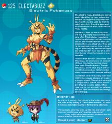 Rule 34 | 1boy, 1girl, abs, antenna hair, artist name, blonde hair, blue background, breasts, character name, character profile, commentary, creatures (company), electabuzz, english commentary, english text, game freak, gen 1 pokemon, hair between eyes, hat feather, highres, kinkymation, loincloth, medium breasts, medium hair, monster girl, nintendo, open mouth, personification, poke ball, poke ball (basic), pokemon, pokemon ears, purple hair, rags, rope, tail, yellow eyes