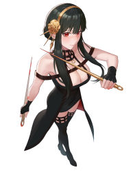 Rule 34 | 1girl, absurdres, bare shoulders, black dress, black gloves, black thighhighs, blood, blood on hands, bloody weapon, blush, boots, breasts, closed mouth, commentary, dagger, dress, dual wielding, earrings, english commentary, fingerless gloves, floral print, flower, from above, full body, gloves, gold earrings, gold hairband, hair flower, hair ornament, hairband, high heel boots, high heels, highres, holding, holding dagger, holding knife, holding weapon, jewelry, knife, large breasts, long hair, looking at viewer, mole, mole on breast, off-shoulder dress, off shoulder, rose, rose print, short hair with long locks, sidelocks, simple background, solo, spy x family, taejoo lee, thigh boots, thighhighs, two-sided dress, two-sided fabric, weapon, white background, yor briar, zettai ryouiki
