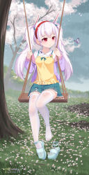 1girl animal_ears artist_name azur_lane blue_bow blue_jacket blue_ribbon blue_skirt bow bug butterfly cherry_blossoms chinese_commentary cloud cloudy_sky dated dress fake_animal_ears feet forest grass hairband highres insect jacket laffey_(azur_lane) laffey_(picnic_adventure?)_(azur_lane) long_hair long_sleeves nature official_alternate_costume petals pleated_skirt rain red_eyes red_hairband ribbon sandals shirt shirt_under_dress shoes single_shoe sitting skirt sky solo swing thighhighs toes tree twintails unworn_shoes very_long_hair wet wet_clothes white_footwear white_hair white_shirt white_thighhighs white_trim xiao_shi_lullaby yellow_dress