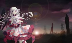 Rule 34 | artist request, chinese commentary, commentary request, dress, ebisu eika, floating hair, frilled shirt, frills, graveyard, highres, holding, holding rock, horizon, night, night sky, partial commentary, polka dot, polka dot skirt, puffy short sleeves, puffy sleeves, rock, shirt, short sleeves, skirt, sky, sotoba, stack, stacking, stone, tombstone, touhou, white dress, white hair, wily beast and weakest creature