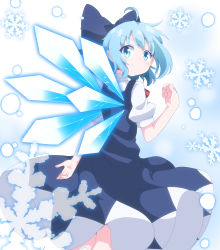 Rule 34 | 1girl, absurdres, ahoge, arm behind back, blue bow, blue dress, blue eyes, blue hair, bow, cirno, commentary request, do (4-rt), dress, from behind, hair bow, highres, ice, ice wings, looking at viewer, looking back, pinafore dress, puffy short sleeves, puffy sleeves, short hair, short sleeves, simple background, sleeveless dress, smile, snowflakes, solo, touhou, wings