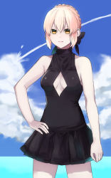 Rule 34 | 1girl, artoria pendragon (all), artoria pendragon (alter swimsuit rider) (first ascension) (fate), artoria pendragon (fate), bare shoulders, black bow, black dress, bow, braid, breasts, cleavage, cloud, covered navel, cowboy shot, crown braid, dalu (ns me i3), day, dress, fate/grand order, fate (series), hair bow, halterneck, hand on own hip, highres, looking at viewer, medium breasts, outdoors, pink hair, pleated dress, saber alter, sky, solo, turtleneck, yellow eyes
