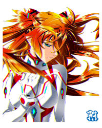Rule 34 | 1girl, blue eyes, breasts, brown hair, evangelion: 3.0+1.0 thrice upon a time, eyepatch, gradient hair, hand on own chest, highres, interface headset, lips, long hair, looking down, looking to the side, multicolored hair, neon genesis evangelion, plugsuit, rebuild of evangelion, simple background, skin tight, solo, souryuu asuka langley, twintails, upper body, white background, yamayoshi