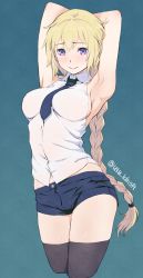 Rule 34 | 1girl, armpits, arms behind head, arms up, black thighhighs, blonde hair, blue background, blue eyes, blush, braid, breasts, fate/apocrypha, fate/grand order, fate (series), jeanne d&#039;arc (fate), jeanne d&#039;arc (girl from orleans) (fate), jeanne d&#039;arc (ruler) (fate), long hair, looking at viewer, necktie, ponytail, purple eyes, shorts, sideboob, simple background, sleeveless, smile, solo, thighhighs, twitter username, utu (ldnsft)