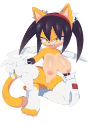 Rule 34 | 1girl, :3, animal ears, animal feet, animal nose, black hair, body fur, breasts, cat ears, cat girl, cat tail, claws, cleft of venus, collarbone, commission, fang, feathered wings, female focus, furry, furry female, gloves, hairband, half-closed eyes, happy, highres, honey the cat, large breasts, layered gloves, looking at viewer, medium hair, nipples, nude, open mouth, pussy, r18 (7mii), red hairband, sidelocks, simple background, skindentation, smile, solo, sonic (series), spread legs, stirrup legwear, tail, thighhighs, toeless legwear, twintails, two-tone fur, uncensored, v-shaped eyebrows, white background, white gloves, white thighhighs, white wings, wings, yellow eyes, yellow fur