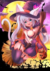 Rule 34 | 1girl, absurdres, animal ear fluff, bare tree, bat (animal), blue eyes, breasts, broom, broom riding, candy, cape, cat, cat girl, cat tail, cleavage, cloud, cross, food, frilled skirt, frills, full body, full moon, garter straps, gloves, hair between eyes, halloween, halloween costume, hat, highres, hood, hood down, hooded cape, large breasts, lollipop, long hair, looking at viewer, moon, night, night sky, open mouth, original, outdoors, paw print, pumpkin, purple cape, purple gloves, purple hat, purple skirt, purple sky, purple thighhighs, shibakame, silver hair, skirt, sky, smile, solo, tail, thighhighs, tree, trick or treat, twintails, v-shaped eyebrows, very long hair, witch, witch hat