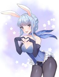 Rule 34 | 1girl, alternate costume, animal ears, armpit crease, black pantyhose, blue choker, blue gloves, blue scarf, blunt bangs, breasts, cameltoe, choker, cleavage, commentary, dot nose, elbow gloves, english commentary, fire emblem, fire emblem: three houses, fire emblem heroes, gloves, heart, heart hands, highres, large breasts, leotard, lilshironeko, looking at viewer, marianne von edmund, nintendo, pantyhose, playboy bunny, rabbit ears, scarf, short hair, smile, solo, star (symbol), teeth, upper teeth only