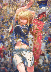 Rule 34 | 1girl, 2018 fifa world cup, absurdres, arms up, blonde hair, blurry, blurry background, braid, breasts, closed eyes, confetti, fate (series), flag, french flag, happy, highres, holding, holding flag, jeanne d&#039;arc (fate), jeanne d&#039;arc (ruler) (fate), jumping, large breasts, long hair, lovetigerfish, midriff peek, open mouth, shorts, single braid, smile, soccer, teeth, tongue, white shorts, world cup