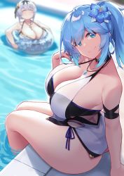 Rule 34 | 2girls, absurdres, alicia renato (yashiro sousaku), ass, blue eyes, breasts, censored, closed eyes, closed mouth, commission, flower, from side, grey hair, hair flower, hair ornament, hand up, highres, innertube, jewelry, kimi tsuru, large breasts, looking at viewer, medium hair, multiple girls, necklace, original, outdoors, partially submerged, ponytail, pool, short hair, sitting, smile, swim ring, thighs