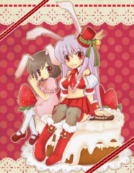Rule 34 | 2girls, animal ears, boots, cake, doily, female focus, fishnets, food, fruit, hat, inaba tewi, licking, mary janes, midriff, mini person, minigirl, multiple girls, pantyhose, rabbit ears, reisen udongein inaba, shoes, sitting, snowling, strawberry, thighhighs, tongue, tongue out, touhou, white legwear