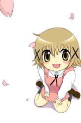 Rule 34 | 00s, 1girl, :d, brown eyes, brown hair, from above, hidamari sketch, highres, kanjuku, looking at viewer, open mouth, petals, school uniform, short hair, sitting, smile, solo, transparent background, wariza, yamabuki high school uniform, yuno (hidamari sketch)