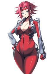 Rule 34 | 1girl, absurdres, blue eyes, bodysuit, breasts, cleavage, clenched hand, closed mouth, code geass, cowboy shot, hairband, hand on own hip, highres, kouzuki kallen, large breasts, looking at viewer, red bodysuit, red hair, red hairband, short hair, simple background, skin tight, solo, spiked hair, white background, wide hips, yamada hatsune