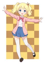 Rule 34 | 1girl, absurdres, alice cartelet, black footwear, blonde hair, blue eyes, blue skirt, brown background, cardigan, checkered background, full body, highres, kin-iro mosaic, long hair, mary janes, miniskirt, open mouth, outstretched arms, pink cardigan, school uniform, shirt, shoes, skirt, smile, solo, thighhighs, twintails, white shirt, white thighhighs, yamasan