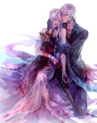 Rule 34 | 10s, 1boy, 1girl, blood, christa (diabolik lovers), closed eyes, death, diabolik lovers, dress, elbow gloves, gloves, hair over one eye, hand on another&#039;s head, knife, long hair, looking at viewer, mother and son, otsukaresanpo, red eyes, sakamaki subaru, simple background, sitting, white background, white dress, white hair