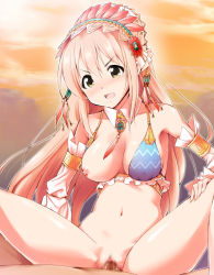 Rule 34 | &gt;:d, 10s, 1girl, :d, assertive female, bare shoulders, blush, bottomless, bra, breast slip, breasts, censored, collar, detached sleeves, covered erect nipples, girl on top, hairband, headdress, hetero, idolmaster, idolmaster cinderella girls, jewelry, kaiga, large breasts, long hair, mosaic censoring, navel, nipples, one breast out, open mouth, penis, pink hair, pussy, saionji kotoka, sex, smile, solo focus, underwear, v-shaped eyebrows, vaginal, very long hair, yellow eyes