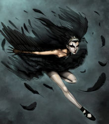 Rule 34 | 1girl, black swan, black theme, evil, highres, solo, thighhighs, white thighhighs, wings