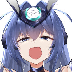 Rule 34 | 1girl, :3, animal ears, arms up, azur lane, bare shoulders, blue eyes, blue hair, bodystocking, commentary, crossed bangs, english commentary, fake animal ears, hair between eyes, hair intakes, irkawaza, long hair, looking at viewer, new jersey (azur lane), new jersey (exhilarating steps!) (azur lane), official alternate costume, open mouth, portrait, rabbit ears, sidelocks, simple background, solo, white background