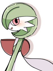 Rule 34 | 1girl, bob cut, colored skin, creatures (company), drop shadow, female focus, flat chest, from side, game freak, gardevoir, gen 3 pokemon, green hair, green skin, happy, highres, looking at viewer, multicolored skin, nintendo, open mouth, pokemon, pokemon (creature), profile, red eyes, short hair, sideways mouth, simple background, smile, solo, standing, suzu (pixiv 32232702), two-tone skin, upper body, white background, white skin