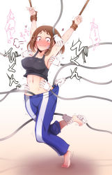 Rule 34 | 10s, 1girl, armpits, arms up, bare shoulders, barefoot, bdsm, black shirt, blue pants, blush, blush stickers, boku no hero academia, bondage, bound, breasts, brown eyes, brown hair, closed mouth, collarbone, constricted pupils, crop top, covered erect nipples, feet, female focus, flying sweatdrops, tickling feet, full body, hand under clothes, heart, highres, japanese text, leg up, single mechanical arm, medium breasts, midriff, navel, nobiiru arm, nose blush, pants, parity, rope, shirt, short hair, sleeveless, sleeveless shirt, smile, solo, spoken heart, standing, standing on one leg, sweat, tears, tickling, toes, translation request, trembling, uraraka ochako, wavy mouth, white background