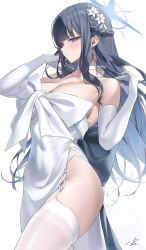 Rule 34 | 1girl, absurdres, blue archive, blue eyes, blue hair, blush, breasts, cleavage, commentary request, covered navel, cowboy shot, dress, flower, garter belt, hair flower, hair ornament, halo, highres, large breasts, looking at viewer, official alternate costume, saori (blue archive), saori (dress) (blue archive), simple background, solo, standing, strapless, strapless dress, thighhighs, thighs, white background, white dress, white flower, white thighhighs, yabacha