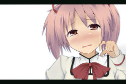 Rule 34 | 10s, 1girl, blush, bow, crying, crying with eyes open, highres, horayama, kaname madoka, letterboxed, looking at viewer, mahou shoujo madoka magica, mahou shoujo madoka magica (anime), open mouth, pink eyes, pink hair, portrait, school uniform, short hair, short twintails, simple background, solo, tears, twintails, wiping tears