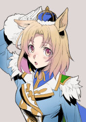 1girl animal_ears blonde_hair blue_crown blue_jacket brown_eyes crown from_side fur-trimmed_jacket fur_trim gloves grey_background highres horse_ears horse_girl jacket looking_at_viewer looking_to_the_side mijinko_(83nabe) mini_crown narita_top_road_(umamusume) official_alternate_costume short_hair simple_background solo umamusume upper_body white_gloves