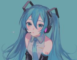 Rule 34 | 1girl, arm tattoo, black sleeves, blue eyes, blue hair, blue necktie, closed mouth, collared shirt, detached sleeves, grey shirt, hair between eyes, hatsune miku, headphones, headset, heart, highres, long hair, looking at viewer, microphone, necktie, p2 (uxjzz), shirt, sleeveless, sleeveless shirt, solo, tattoo, twintails, upper body, very long hair, vocaloid, wing collar