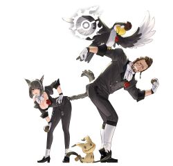 Rule 34 | 1boy, 1girl, animal ears, beard, black footwear, black jacket, black pants, black suit, boutonniere, bow, bowtie, breasts, brown eyes, brown hair, buttons, cat ears, cat girl, cat tail, cleavage, closed eyes, commentary, creatures (company), crossover, detached collar, double-breasted, facial hair, final fantasy, final fantasy xiv, flower, formal, from side, full body, game freak, gen 7 pokemon, glint, gloves, grey hair, grin, hairband, hand on own hip, highres, hildibrand manderville, holding, holding poke ball, hyur, jacket, juliet sleeves, large breasts, leaning to the side, long sleeves, looking at viewer, mimikyu, miqo&#039;te, monocle, nashu mhakaracca, nintendo, open mouth, pants, poke ball, pokemon, pokemon (creature), pokemon on arm, potion lilac, puffy sleeves, red flower, red rose, rose, shirt, shoes, short hair, simple background, smile, socks, squawkabilly, suit, tail, tooth glint, white background, white bow, white bowtie, white gloves, white hairband, white shirt, white socks