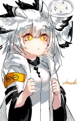 Rule 34 | + +, 1girl, absurdres, animal ears, arknights, blunt bangs, blush, clenched hands, coat, commentary request, dress, excited, feather hair, flapping, grey coat, grey hair, hands up, highres, jacket, korean commentary, long hair, open clothes, orange eyes, owl ears, owl girl, ptilopsis (arknights), rhine lab logo, ribiadan, simple background, sketch, solo, speech bubble, upper body, white background, white dress, white hair