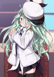 Rule 34 | 1girl, black ribbon, black skirt, black thighhighs, blue eyes, blue sky, blurry, blurry background, blush, closed mouth, commentary request, day, detached sleeves, green hair, hair between eyes, hair ornament, hair ribbon, hairclip, hands up, hat, head tilt, highres, jacket, kantai collection, long hair, long sleeves, looking at viewer, military hat, military jacket, mochiyuki, open clothes, open jacket, own hands together, peaked cap, pleated skirt, ribbon, shirt, sideways hat, skirt, sky, sleeves past wrists, solo, standing, thighhighs, tilted headwear, very long hair, white hat, white jacket, white shirt, window, yamakaze (kancolle)