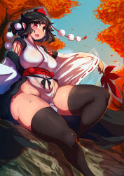 Rule 34 | 1girl, autumn leaves, black hair, black thighhighs, blue sky, blush, breasts, commentary request, day, detached sleeves, enajii, hand fan, hat, hauchiwa, highres, holding, holding fan, japanese clothes, kimono, knee up, kourindou tengu costume, large breasts, medium hair, mountain, no panties, obi, official alternate costume, open mouth, outdoors, pointy ears, pom pom (clothes), red eyes, red hat, red ribbon, ribbon, ribbon-trimmed sleeves, ribbon trim, sash, shameimaru aya, sitting, sky, sleeveless, sleeveless kimono, solo, sweat, thick thighs, thighhighs, thighs, tokin hat, touhou, tree, white kimono, wide sleeves