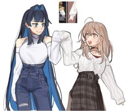 Rule 34 | 2girls, :d, ahoge, belt, berry, black choker, blue eyes, blue hair, blunt bangs, brown eyes, brown hair, brown skirt, choker, colored inner hair, denim, detached sleeves, earrings, eus ing, fang, grin, hair intakes, high-waist pants, hime cut, hololive, hololive english, jeans, jewelry, long hair, long skirt, multicolored hair, multiple girls, nanashi mumei, nanashi mumei (casual), necklace, official alternate costume, open mouth, ouro kronii, ouro kronii (casual), pants, plaid, plaid skirt, red shirt, runes, shirt, sidelocks, skirt, sleeves past wrists, smile, streaked hair, sweater, very long hair, virtual youtuber, white shirt, white sweater, yuri