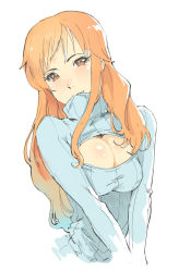 Rule 34 | 1girl, bad id, bad pixiv id, biting, biting clothes, breasts, brown eyes, cleavage, cleavage cutout, clothes biting, clothing cutout, highres, kenshin187, large breasts, long hair, looking at viewer, meme attire, mouth hold, nami (one piece), one piece, open-chest sweater, orange hair, simple background, sketch, smile, solo, sweater, upper body, white background