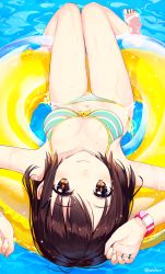 Rule 34 | 1girl, afloat, aihama chika, amagai tarou, barefoot, bikini, black hair, bracelet, breasts, brown eyes, commentary request, day, halterneck, highres, innertube, jewelry, looking at viewer, looking up, lying, navel, on back, original, outdoors, partially submerged, short hair, side-tie bikini bottom, small breasts, smile, solo, string bikini, striped bikini, striped clothes, swim ring, swimsuit, thighs, twitter username, upside-down, water, wet