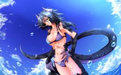 Rule 34 | 1girl, abs, bare shoulders, bikini, black hair, blue sky, breasts, cigarette, claws, cleavage, cloud, covered erect nipples, cowboy shot, day, dragon girl, dragon horns, dragon tail, dutch angle, eyebrows, g (genesis1556), hair between eyes, hand on own hip, heterochromia, highres, holding, horns, large breasts, long hair, looking at viewer, monster girl, mouth hold, navel, o-ring, o-ring bikini, o-ring top, ocean, original, outdoors, purple bikini, red eyes, ryuuga (g (genesis1556)), scales, scar, scar on chest, sky, slit pupils, smoke, smoking, solo, stomach, strap gap, swimsuit, tail, toned, underboob, wallpaper, water, yellow eyes