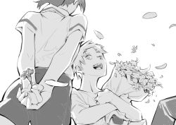 Rule 34 | 1boy, 1girl, arms behind back, bare arms, chainsaw man, denji (chainsaw man), flower, holding, holding flower, monochrome, open mouth, petals, reze (chainsaw man), sharp teeth, shirt, shorts, smile, teeth, white background, yofuraruto