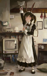 1girl absurdres alternate_costume amiya_(arknights) animal_ears apron arknights arm_up backpack bag ball black_dress black_footwear blush brown_hair c: chinese_commentary clock closed_mouth collared_dress commentary crt dress enmaided frilled_apron frills full_body grey_eyes hair_between_eyes highres holding holding_trophy indoors kuto_(kuroto) loaded_interior long_sleeves looking_at_viewer maid maid_apron maid_headdress mary_janes medium_hair messy_room outstretched_arm picture_frame ponytail randoseru shoes smile soccer_ball socks solo standing television trophy wall_clock white_apron white_socks