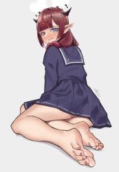 Rule 34 | 1girl, absurdres, aiharararara, barefoot, blue eyes, blush, feet, heterochromia, highres, hololive, hololive english, horns, irys (hololive), long hair, looking at viewer, pointy ears, red eyes, red hair, school uniform, serafuku, simple background, smile, soles, toes, virtual youtuber
