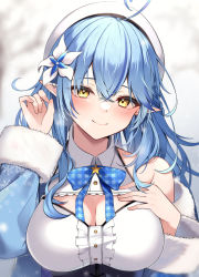 Rule 34 | 1girl, ahoge, bare shoulders, blue bow, blue bowtie, blue coat, blue eyes, blue hair, blush, bow, bowtie, breasts, cleavage, closed mouth, coat, collared shirt, elf, flower, fur-trimmed coat, fur trim, hair between eyes, hair flower, hair ornament, half updo, hand on own chest, hat, highres, hololive, large breasts, long hair, long sleeves, looking at viewer, pointy ears, rei (rei 9146), shirt, sleeveless, sleeveless shirt, smile, snowflake print, solo, very long hair, virtual youtuber, white hat, white shirt, yellow eyes, yukihana lamy