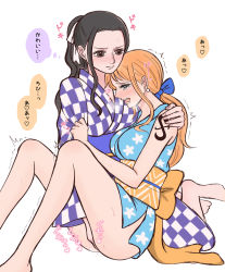 Rule 34 | 2girls, black hair, blush, breasts, clothed female nude female, collarbone, earrings, fingering, full body, heart, hoshi sksm, japanese clothes, jewelry, kimono, kiss, long hair, multiple girls, nami (one piece), nico robin, nude, one piece, open mouth, orange hair, saliva, saliva trail, sweat, tattoo, thighs, trembling legs, yuri
