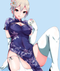 Rule 34 | 10s, 1girl, ;q, bad id, bad pixiv id, baozi, black eyes, blue background, blush, breasts, china dress, chinese clothes, cleavage, cleavage cutout, clothing cutout, covered navel, dress, elbow gloves, flower, food, garter straps, gloves, hair flower, hair ornament, highres, idolmaster, idolmaster cinderella girls, looking at viewer, medium breasts, one eye closed, ryuu., shiomi syuko, short hair, side slit, silver hair, simple background, sitting, smile, solo, thighhighs, tongue, tongue out, white gloves, white thighhighs