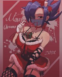 Rule 34 | 2021, alternate costume, between breasts, blue hair, bow, box, breasts, choker, christmas, collarbone, cowboy shot, elbow gloves, fishnet legwear, fishnets, garter straps, gift, gift box, gloves, hat, highres, large breasts, latex, latex gloves, mask, mouth hold, mouth mask, nurse cap, ponytail, rank alee, red eyes, ribbon, ribbon in mouth, santa costume, skirt, skullgirls, smile, surgical mask, thighhighs, valentine (skullgirls)