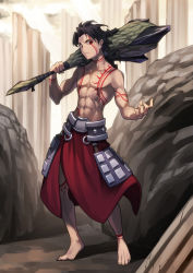 Rule 34 | 1boy, abs, alternate costume, arm tattoo, barefoot, black hair, chest tattoo, club (weapon), commentary request, facial tattoo, fate/grand order, fate (series), full body, hair ornament, heracles (fate), highres, holding, holding weapon, kamonegi (meisou1998), long hair, looking at viewer, male focus, outdoors, ponytail, red eyes, topless male, skirt, solo, standing, stone, tattoo, weapon, weapon request