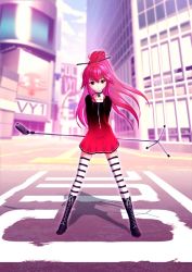 Rule 34 | 1girl, boots, building, city, cosplay, cul, dress, long hair, microphone, microphone stand, ponytail, red eyes, red hair, solo, striped clothes, striped thighhighs, thighhighs, vocaloid, vy1, vy1 (cosplay), yonasawa