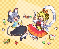 Rule 34 | 2girls, :d, ^ ^, animal ear fluff, animal ears, animal print, apple, beer mug, black hair, black skirt, blonde hair, blue capelet, burger, cake, cake slice, capelet, checkered background, chibi, closed eyes, commentary, cup, closed eyes, fangs, food, fork, fruit, grey hair, hair ornament, holding, holding fork, holding knife, knife, kumamoto (bbtonhk2), lowres, macaron, mouse ears, mouse girl, mouse tail, mug, multicolored hair, multiple girls, nazrin, open mouth, pixel art, red eyes, shawl, short hair, simple background, skirt, smile, streaked hair, tail, tiger print, toramaru shou, touhou, two-tone hair, yellow background