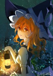 Rule 34 | 1girl, absurdres, black vest, blonde hair, bow, forest, hat, hat bow, highres, holding, holding lantern, kirisame marisa, kirisilence, lantern, long hair, looking at viewer, looking back, nature, night, night sky, outdoors, puffy short sleeves, puffy sleeves, shirt, short sleeves, skirt, sky, smile, solo, touhou, tree, vest, waist bow, wavy hair, white bow, white shirt, white skirt, witch hat, yellow eyes